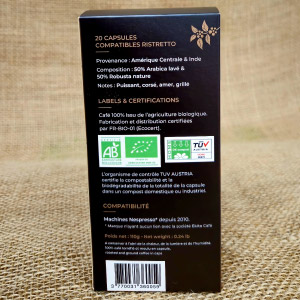 20 capsules Nespresso© compostables café bio RISTRETTO